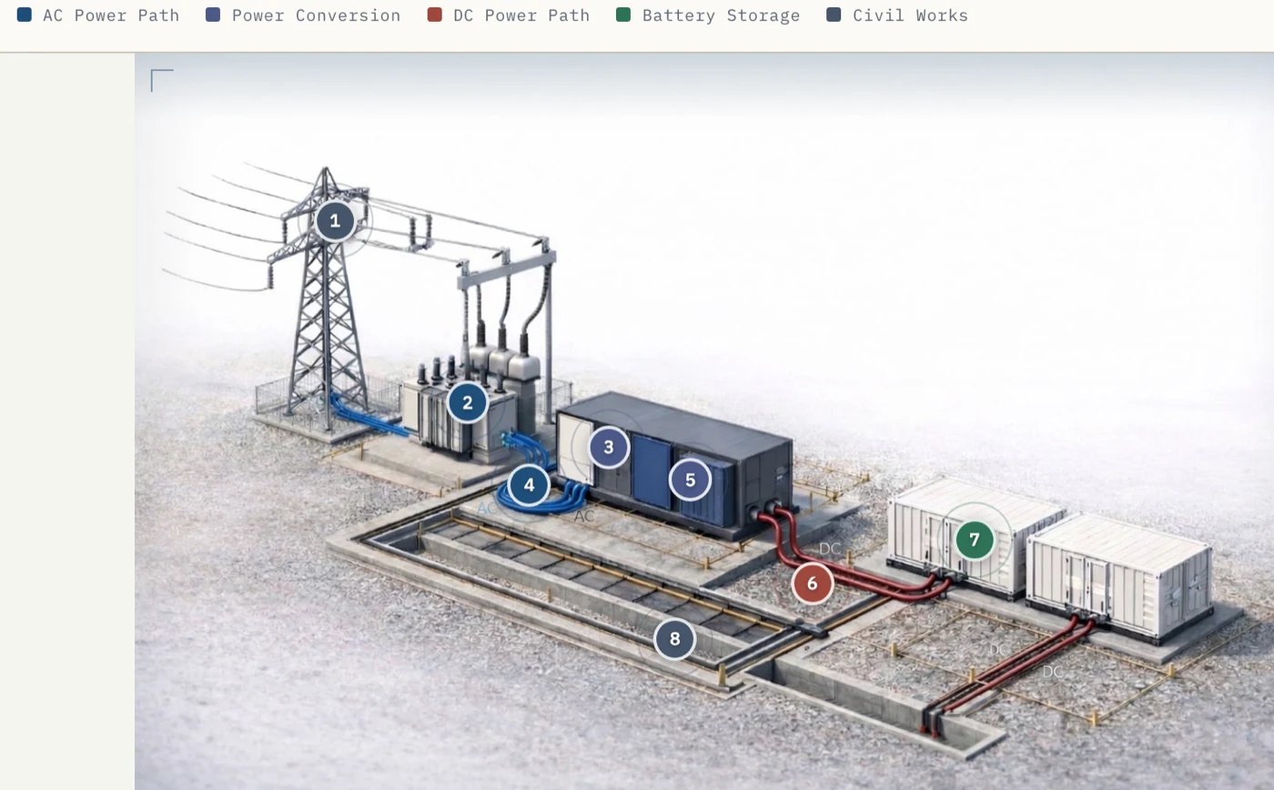 BESS block diagram — grid/POI, GSU transformer, MV collection, PCS/MV skid, battery container, rack, module, and cell
