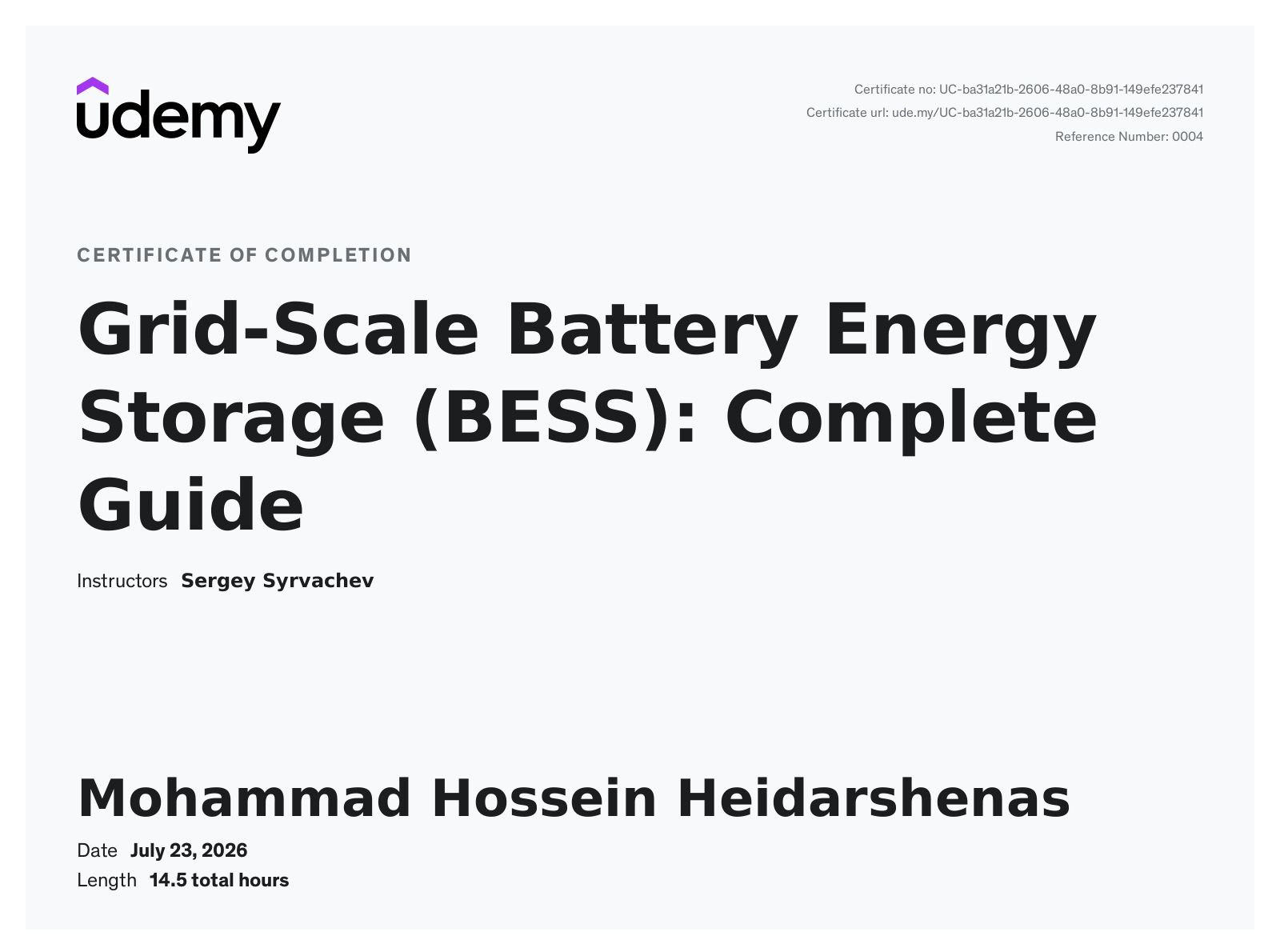 Image from Repost: I am pleased to announce that I've earned a certificate in the Grid-Scale Battery Energy…