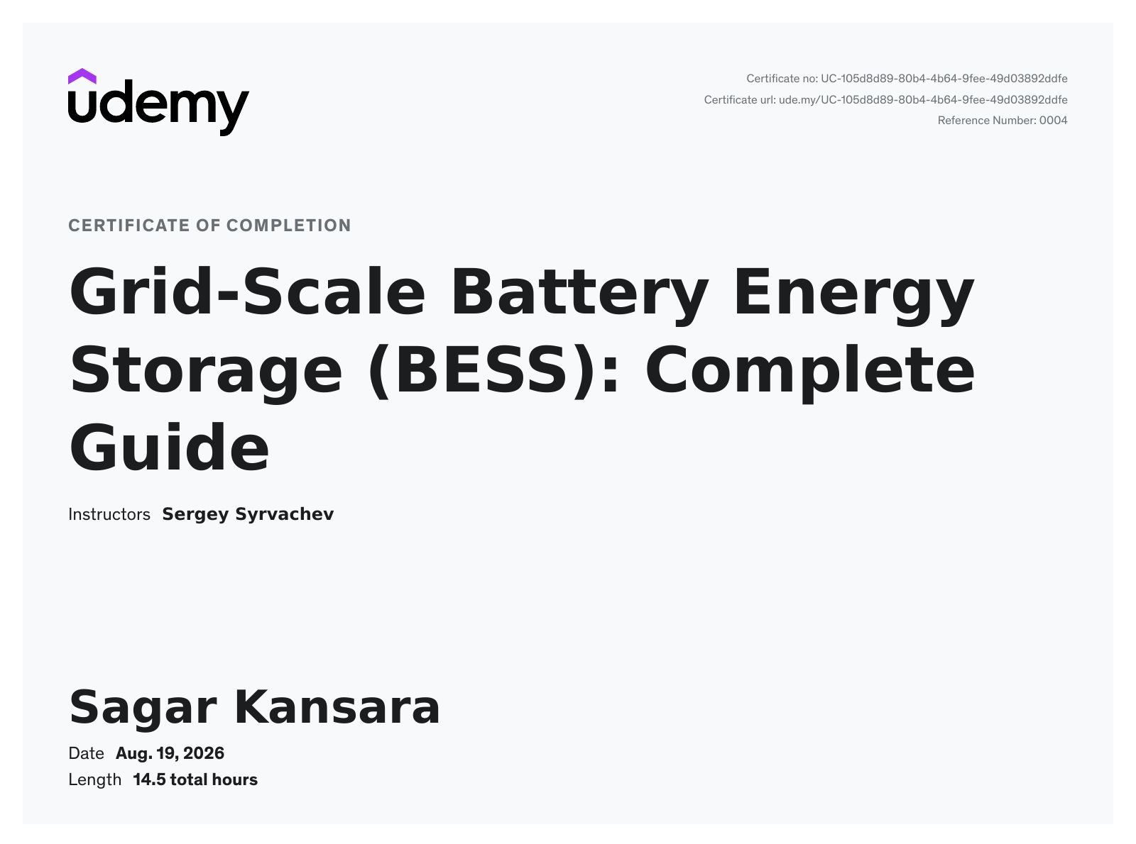 Image from Repost: Excited to share that I completed the Grid-Scale Battery Energy Storage (BESS): Complete…