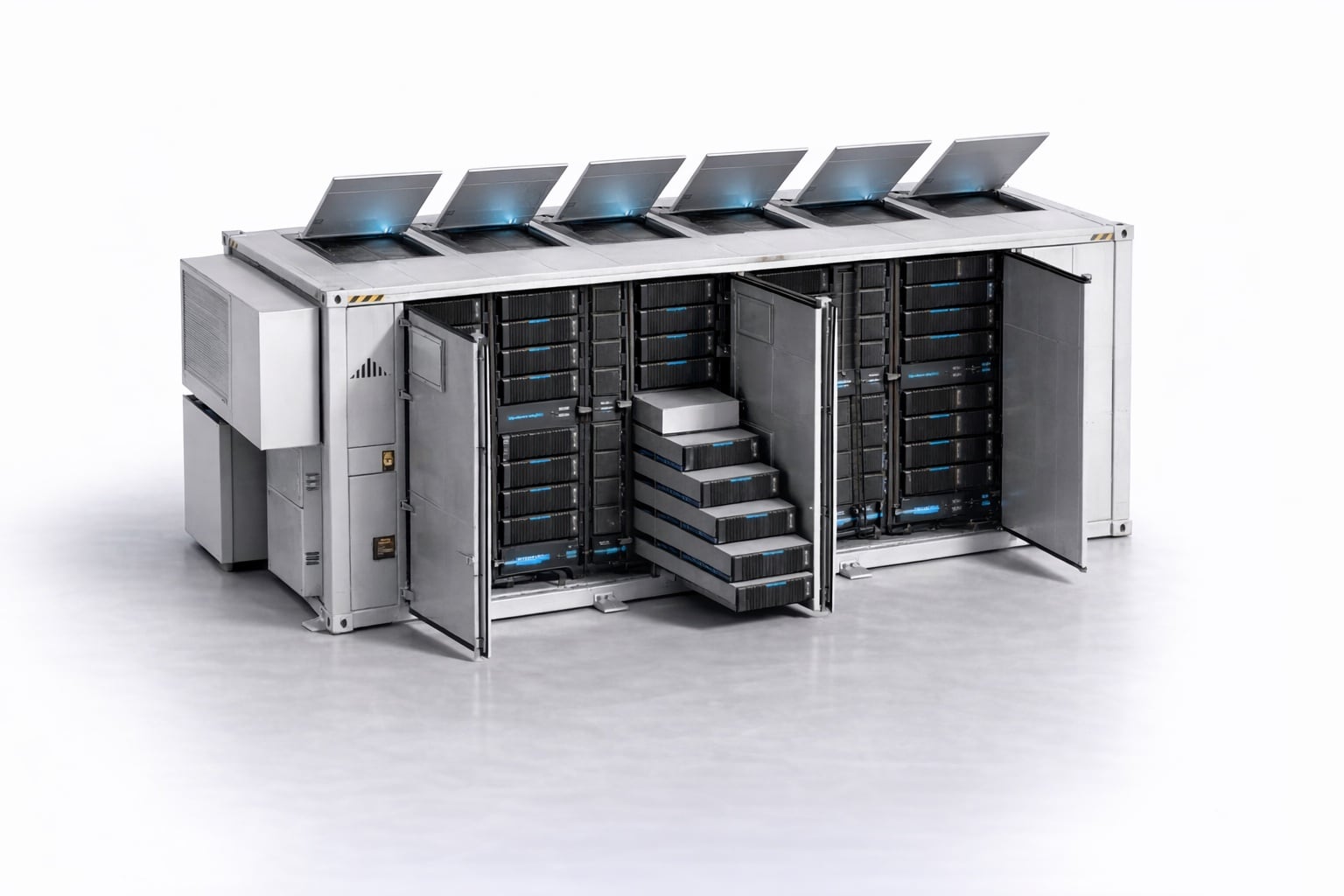 Open BESS battery container with roof relief panels, HVAC enclosure, access doors, battery racks, and removable modules