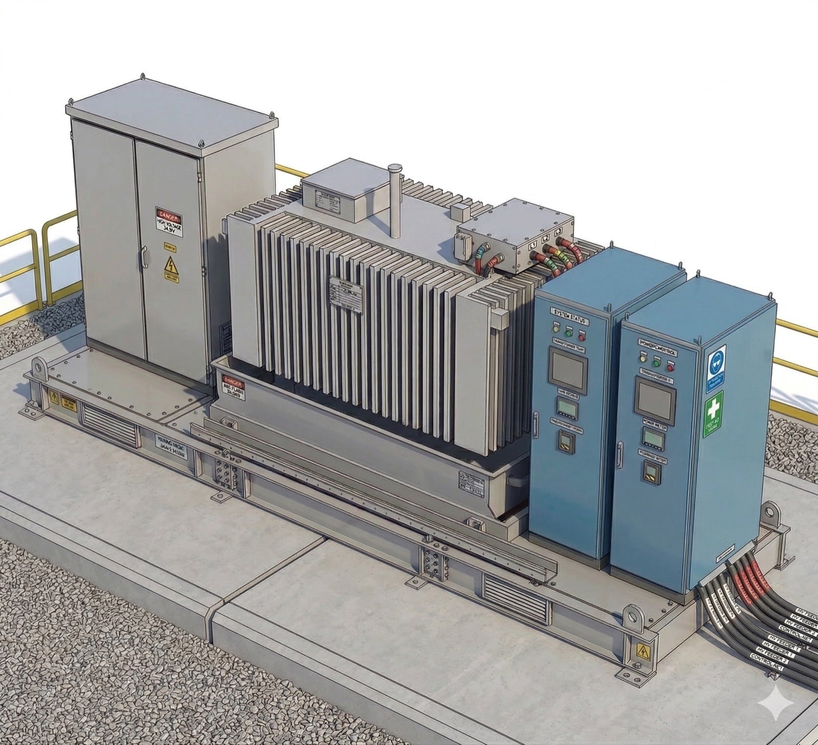 PCS and medium-voltage transformer skid used to explain inverter control, protection, local HMI, auxiliary controls, and feedback signals